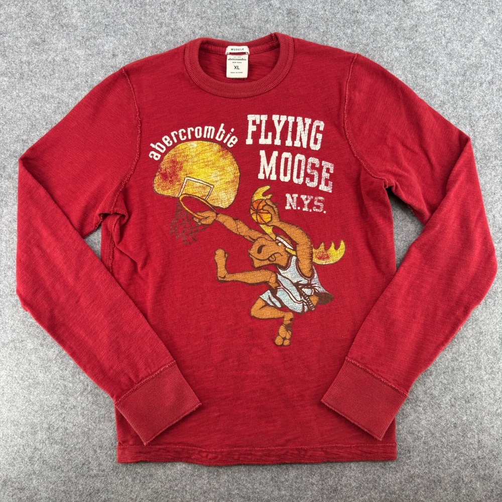 Y2K Abercrombie Long Sleeve Shirt Mens XL Muscle Flying Moose Red Graphic EUC